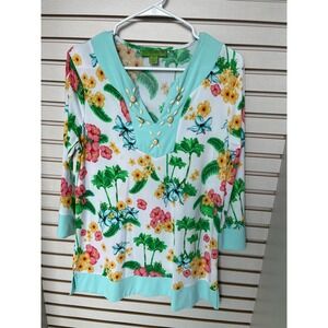 Island Republic 3/4 Sleeve Floral Shirt Size M w/Beaded Accents at V Neck